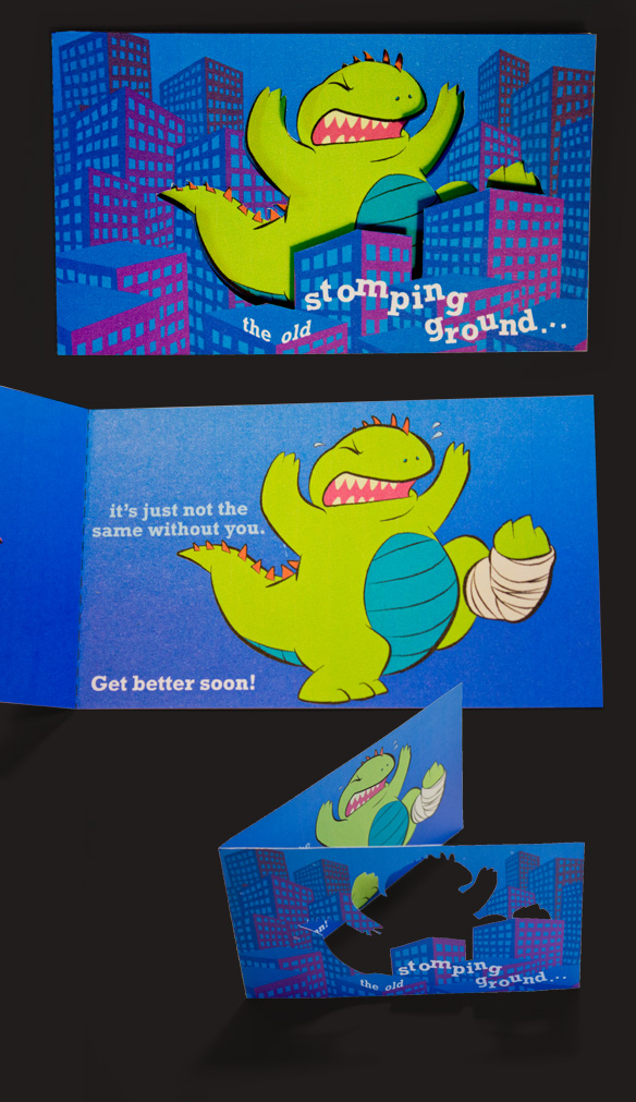 Baby Godzilla; Get better soon, diecut greeting card