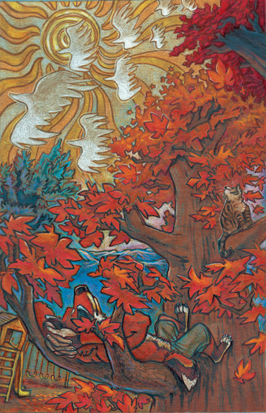 illustration of character and cat relaxing in an autumn tree