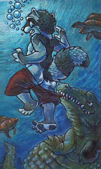 illustration of a raccoon running into some trouble with an alligator