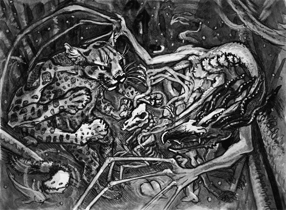 illustration of two multi-limbed creatures raising a deer skeleton